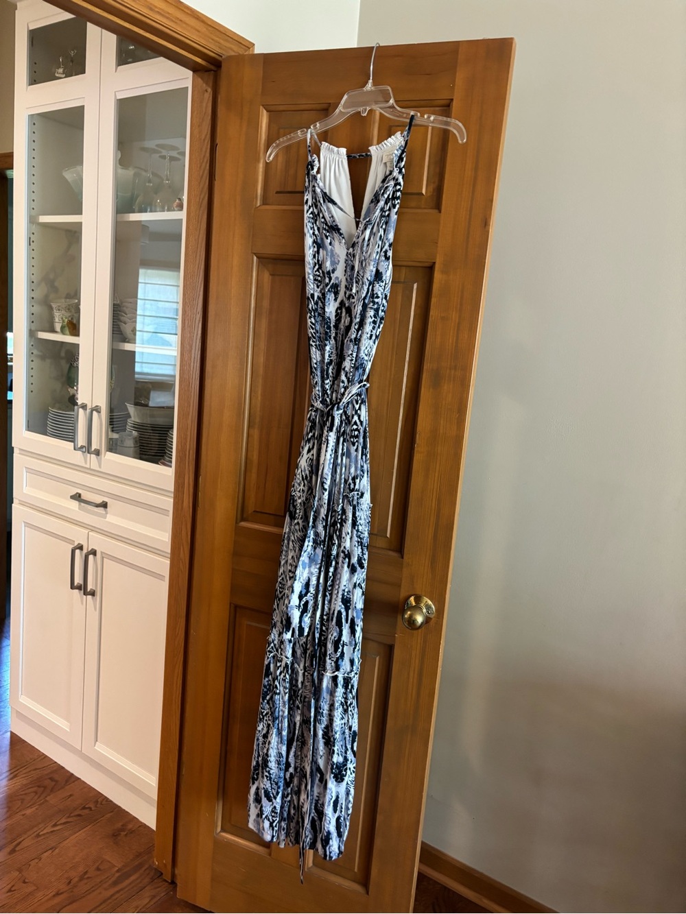Sleeveless Navy blue & White Printed Maxi Dress with Tie Waist